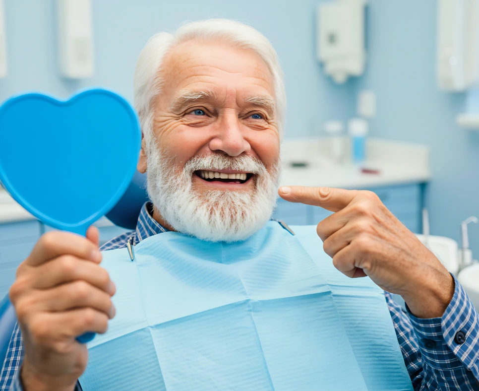 Man smiling and pointing at his new implants